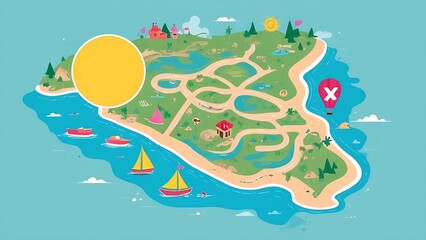 Folded map with island, boats, mountain, and treasure suitable for travel brochures, adventurethemed designs, piratethemed illustrations, and vintage decor.