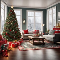 AI Generative image of modern living room with a decorated Christmas tree and gifts, creating a cozy and festive holiday atmosphere