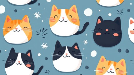 Fototapeta premium Cute Cartoon Cat Pattern with Various Adorable Cat Faces on a Blue Background