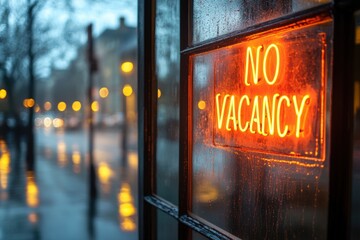 Neon No Vacancy Sign on Rainy Evening in City