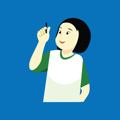 Girl writing with marker on blue background. Cartoon illustration in flat style. Cute little girl character illustration isolated on white background. Design element cartoon people