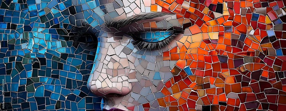 Poster detailed portrait made from tiny, intricately placed mosaic tiles, each contributing to the vivid an