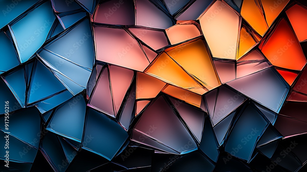 Poster colorful shards of shattered glass creating a chaotic yet beautiful abstract pattern, light playing 