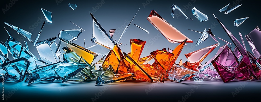 Poster shattered glass in vibrant colors scattered across a surface, creating an abstract and dynamic visua