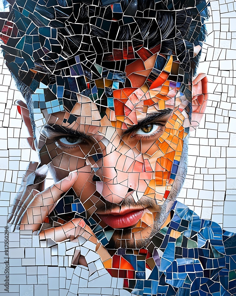 Aufkleber intricately designed mosaic portrait using tiny colorful tiles to form a detailed and creative image