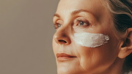 Senior woman with white cream on cheek.  Skincare beauty advertising