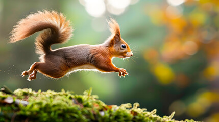 Energetic Eurasian red squirrel Sciurus vulgaris leaping and jumping through the branches of an autumnal forest
