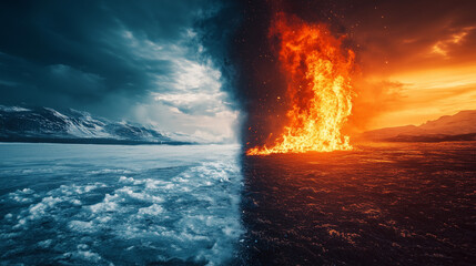 Fototapeta premium Dramatic Landscape Split Between Ice and Fire