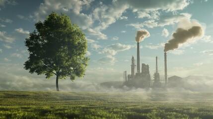 Compare a green tree and meadow with clear air to a factory emitting pollution and its effects on climate change, 3D illustration rendering