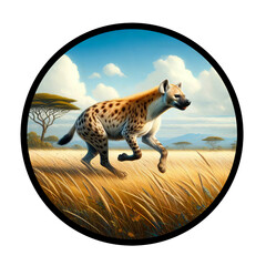 A circular 3D rendered watercolor painting of a Hyena, isolated on a transparent background