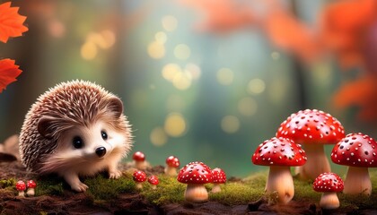 Fototapeta premium キノコとかわいいハリネズミの置き物とコピースペース（Mushroom and cute hedgehog figurines and copy space） 
