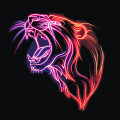 Neon illuminated glowing bright lines roaring tiger lion jaguar panther predator silhouette. Drawing glow line art wildcat with illumination effect. Modern isolated design. Shiny colorful texture.