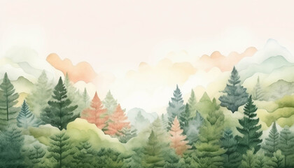 Fototapeta premium Serene Pine Forest Landscape with Rolling Hills and Misty Mountain Backdrop