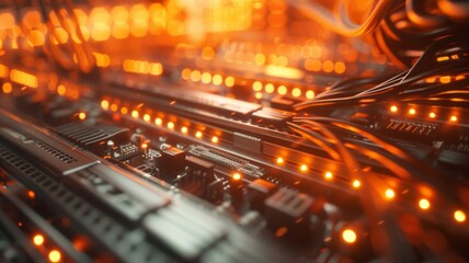 Close-up of a server motherboard with glowing lights and cables