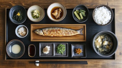 A beautifully arranged table featuring a traditional Japanese breakfast with miso soup, grilled fish, rice, and pickles, served on wooden trays with chopsticks.
