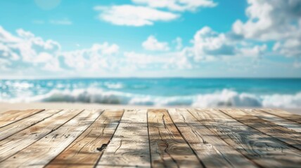 Wooden Tabletop with Ocean and Sky Background