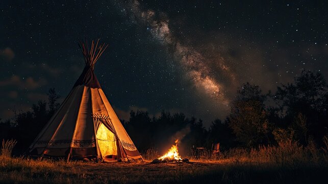 A nighttime scene of an Indian teepee illuminated by the glow of a campfire, with the Milky Way visible in the clear night sky above, creating a mystical atmosphere.