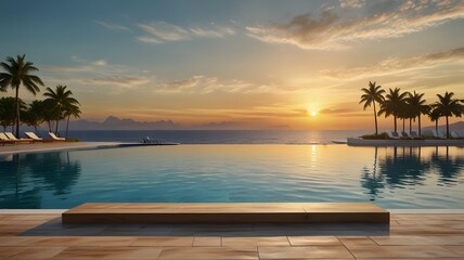Podium stand in luxury swimming pool water with sea and sunset view. Summer background of tropical design product placement display. Hotel resort poolside backdrop. Generative AI 