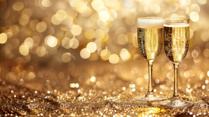 Two Champagne Flutes on a Golden Glitter Background