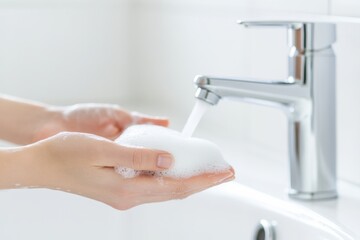 A person's hands washing a soap bar under a modern faucet in a clean sink, emphasizing hygiene and cleanliness.