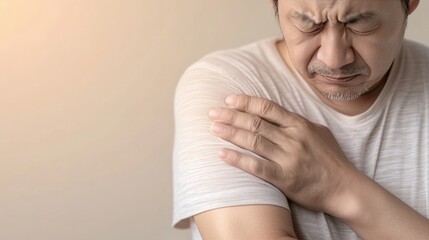 A man grimacing in pain holds his shoulder, conveying discomfort and distress in a neutral setting.