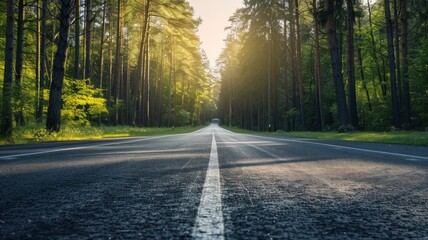 Fototapeta premium A Straight Road Through a Sunlit Forest