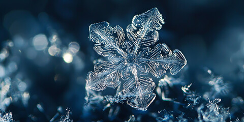 Obraz premium A single snowflake on a dark blue background, generative AI