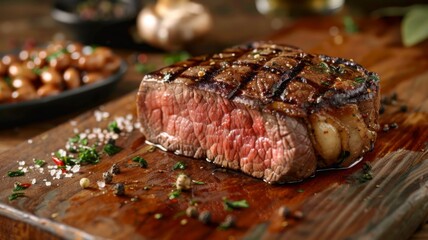 Grilled Steak on a Wooden Cutting Board with Spices and Herbs