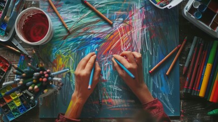 Obraz premium Close-up of Colored Pencil on Textured Abstract Pastel Drawing 