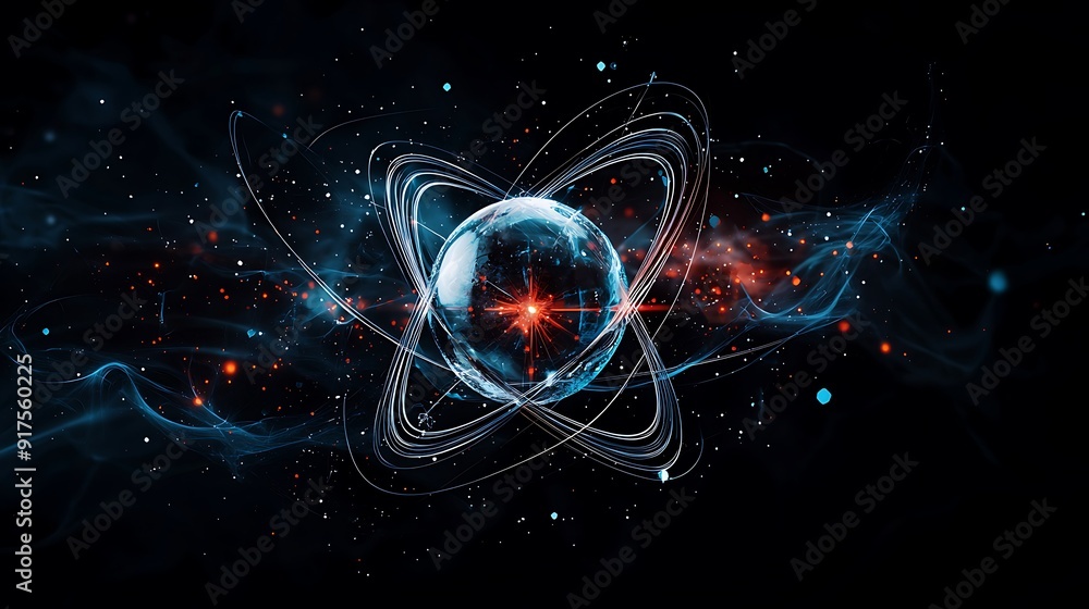 Poster abstract representation of decaying radioactive atoms, visualizing half-life through vibrant energy 