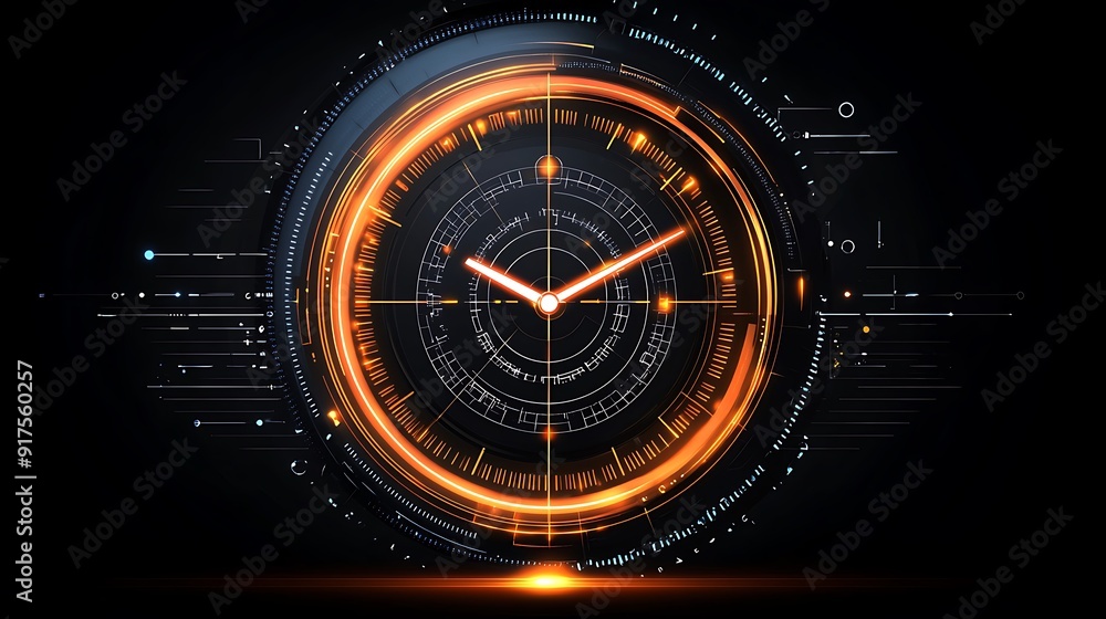 Poster abstract digital clock with radioactive elements fading over time, illustrating half-life and energy