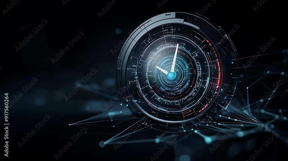 Poster abstract digital clock with radioactive elements fading over time, illustrating half-life and energy