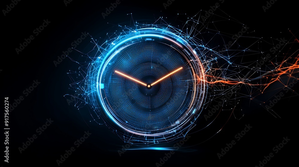 Poster abstract digital clock with radioactive elements fading over time, illustrating half-life and energy