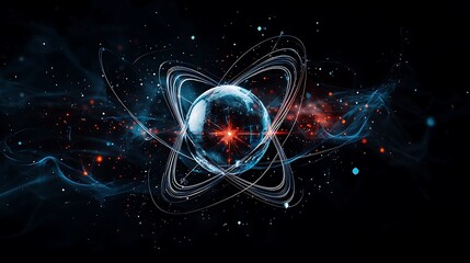 Obraz premium Abstract representation of decaying radioactive atoms, visualizing half-life through vibrant energy pulses and fading particles in a black void, copy space for text,