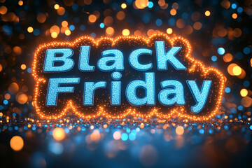 Neon "Black Friday" in bright teal letters with a dark background and sparkles.
