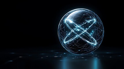 Futuristic glowing sphere emitting radioactive energy as it decays, symbolizing half-life in a minimalist, dark setting, copy space for text,