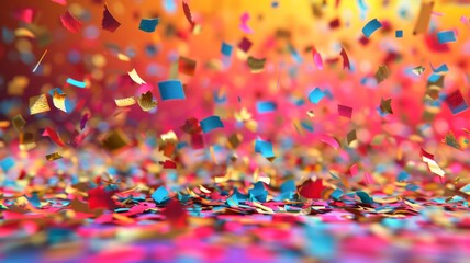 Fototapeta premium Colorful Confetti Falling and Scattered on a Pink, Orange, and Yellow Background