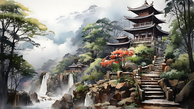 Kumano Nachi Taisha - pagoda, waterfall, nature, mountain, temple, staircase, mist, trees, forest, landscape, serene, zen, tranquil, oriental, traditional, travel