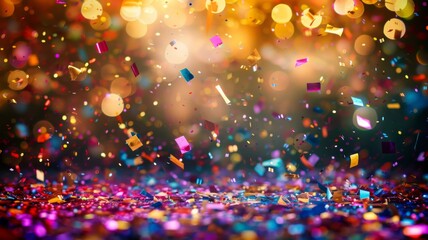 Colorful Confetti Falling on a Dark Background with Bokeh Lights