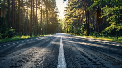 Obraz premium A Straight Asphalt Road Leading Through a Dense Forest