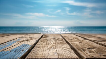Fototapeta premium Wooden Plank Deck Overlooking a Calm Ocean and Sky