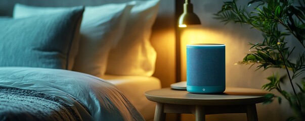 Bluetooth speaker on a nightstand, personal audio device, flat design illustration