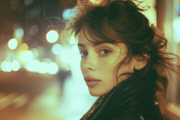 Urban street photography of a woman in the style of an analog photo