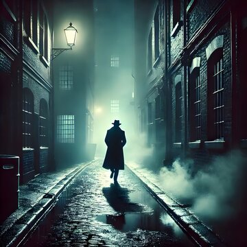 a man in the street smokey ans rainy street dark area rainy street smokes on both side osf the street