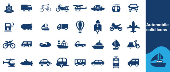 Automobile solid icons collection. Containing car dealer, garage, electrical vehicle etc icons. For website marketing design, logo, app, template, etc. Vector illustration