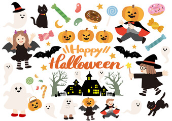 かわいいハロウィンキッズイベントのベクターイラストセット