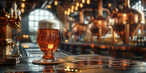 A modern brewery with copper tanks and pipes, in the foreground a bar with a large glass of beer in the middle of the frame.generative ai