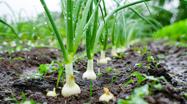 Raindrops gently fall upon the lush vegetable garden feeding the thriving onion sprouts that emerge from the rich fertile soil  This image captures the essence of the life giving cycle of nature