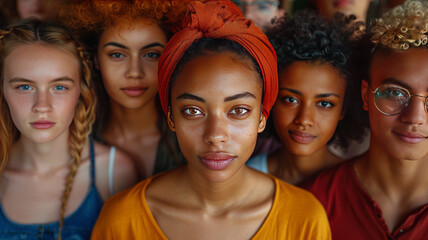 large mixed group of multicultural people look camera,generative ai