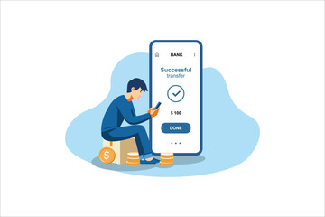 Young man in smartphone transferred, sent money, coins, cash to electronic account on Internet to man. Banking services on web site. Successful transaction. Refill. Guy made profit in finance, budget.